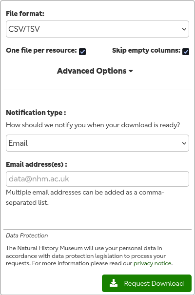 The 'download' popup. There is a form with options for the output file type and an expandable section for advanced options. Under this there is another form with options for the notification. At the bottom there is a button labelled 'Request Download'.
