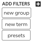 The dropdown list of options for a new filter: new group, new term, and presets.
