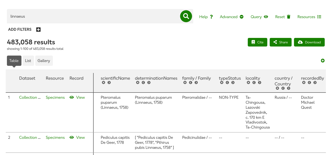 The integrated search UI with 'linnaeus' written in the free-text search field. Six rows of results are shown.