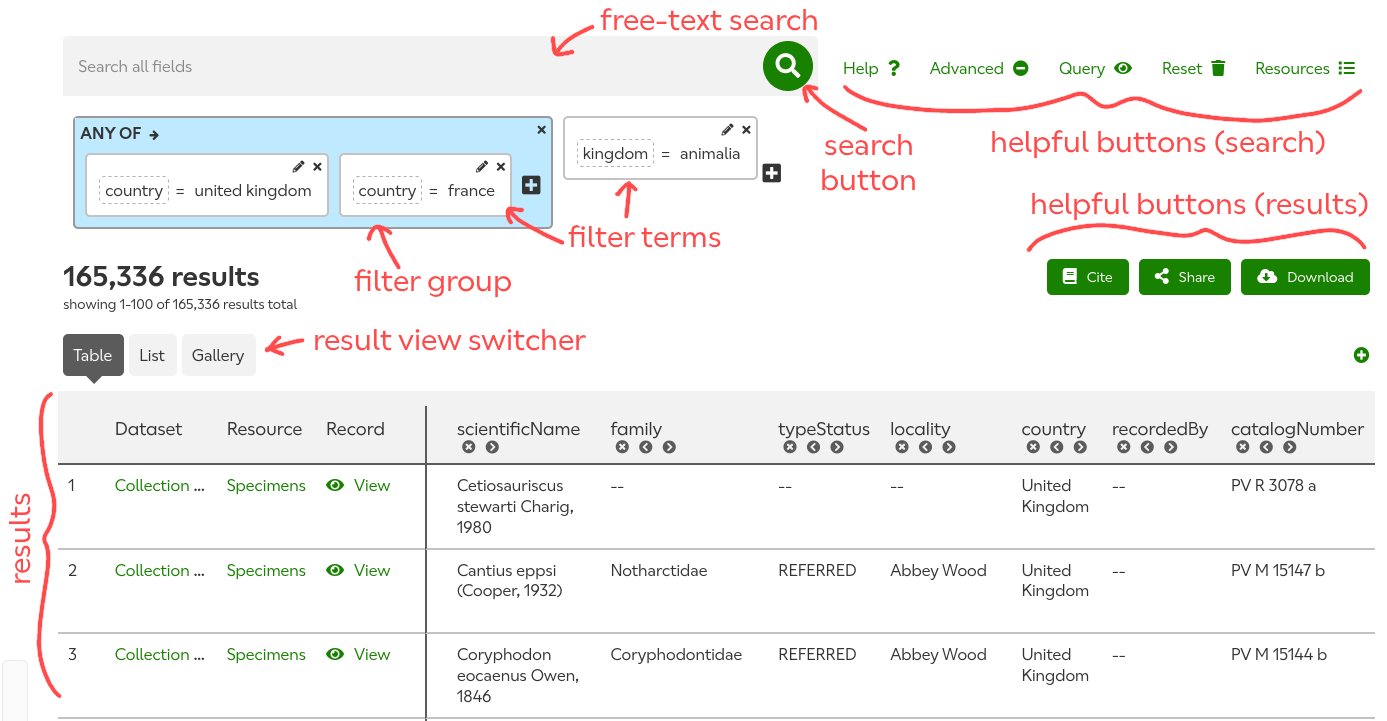 A labelled screenshot of the whole UI interface.