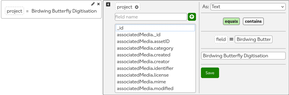 The term editor for the Birdwing Butterfly Digitisation preset. The project field is selected, the field type is 'text', the comparison type is 'equals', and the comparison value is 'Birdwing Butterfly Digitisation'.