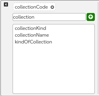 The left side of the term editor, showing a list of fields filtered by the search term 'collection'. 'collectionCode' has already been selected.