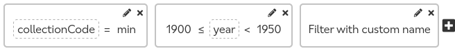 Three example terms: a text comparison on the field 'collectionCode', a number range comparison on the field 'year', and a term using the display name 'My Complicated Filter'.