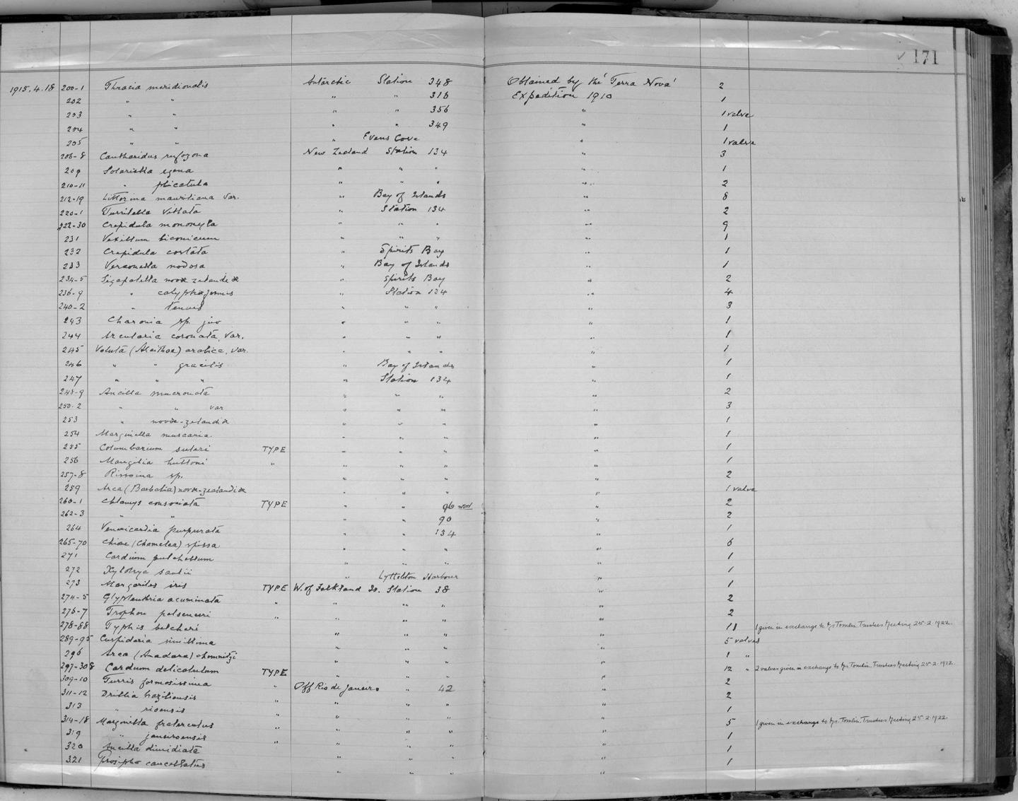 Zoology Accessions Register: Mollusca: 1911 - 1924: page 171