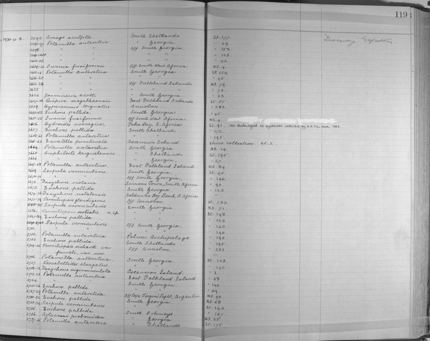 Zoology Accessions Register: Annelida & Echinoderms: 1924 - 1936: page 119
