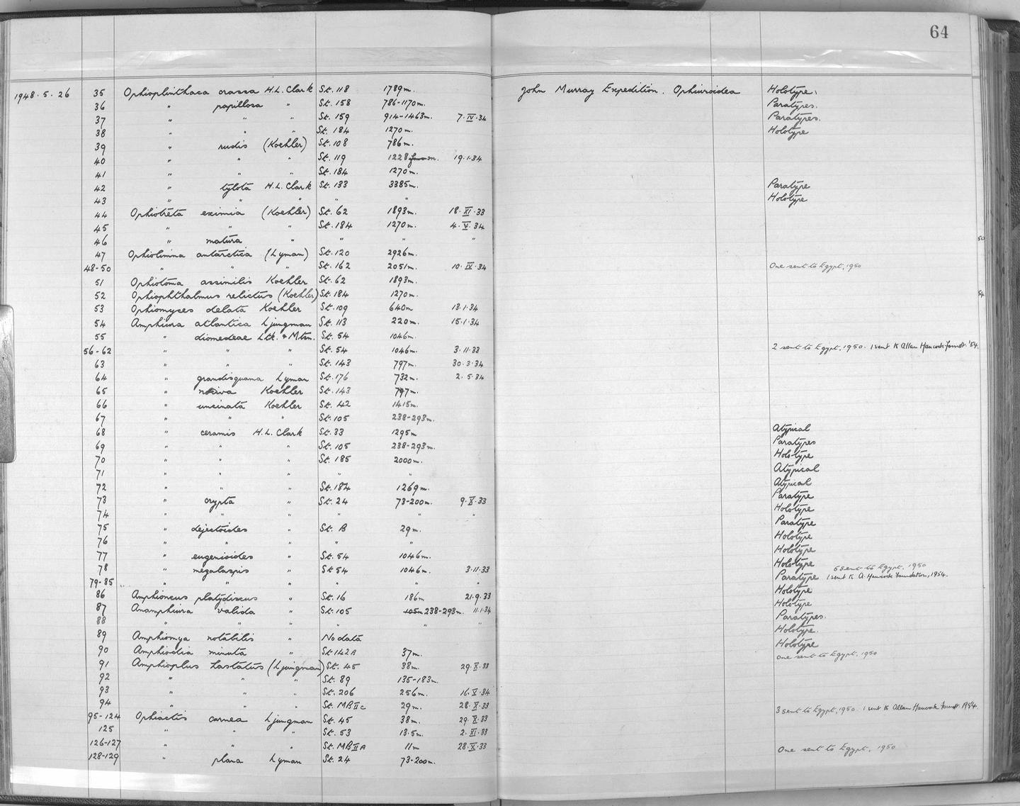 Zoology Accessions Register: Echinodermata: 1935 - 1984: page 64