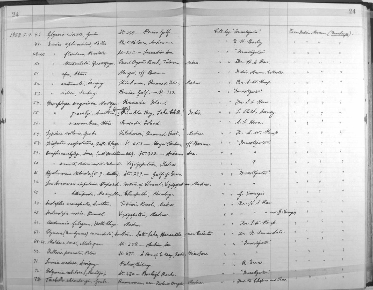 Zoology Accessions Register: Annelida: 1936 - 1970: page 24