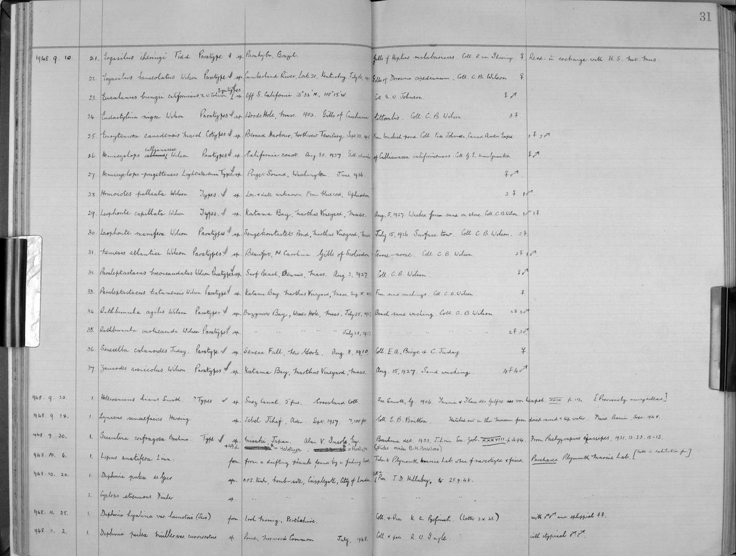 Zoology Accessions Register: Crustacea (Entomostraca): 1938 - 1963: page 31