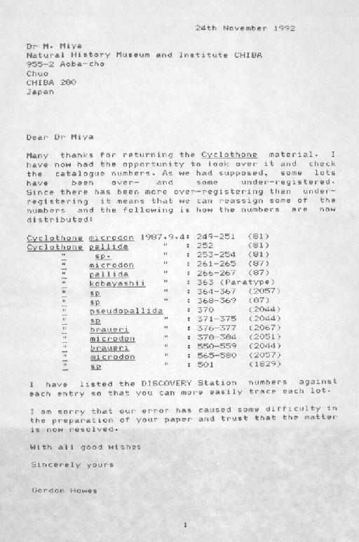 Cyclothone sp - Zoology Accessions Register: Fishes: 1986 - 1994: page 56A