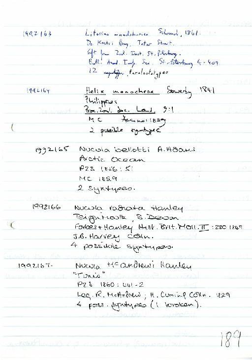 Littorina mandshurica (Schrenk, 1862) - Zoology Accessions Register: Mollusca: 1986 - 1993: page 189