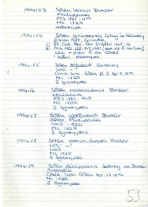 Solen guineensis Gray in Hanley - Zoology Accessions Register: Mollusca: 1994 - 1997: page 53