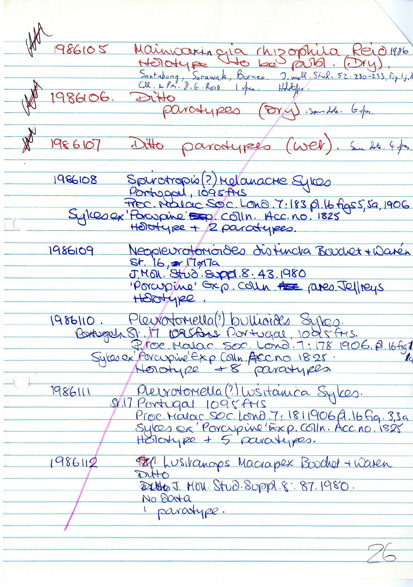 Zoology Accessions Register: Mollusca: 1986 - 1993: page 26