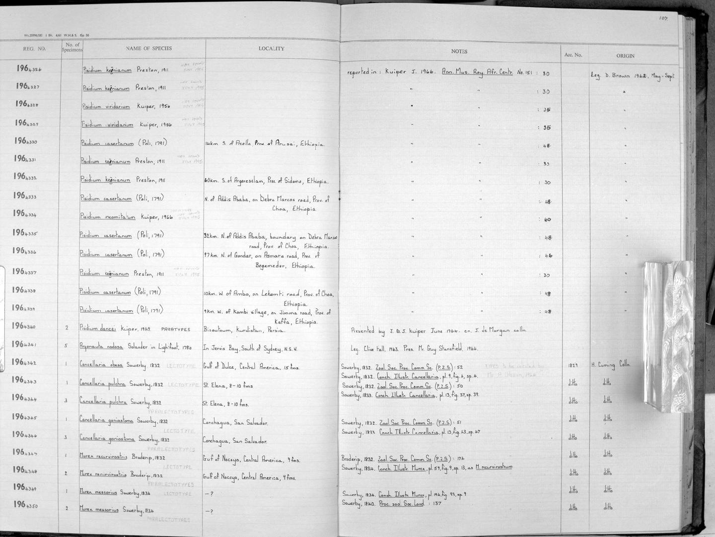 Zoology Accessions Register: Mollusca: 1962 - 1969: page 107