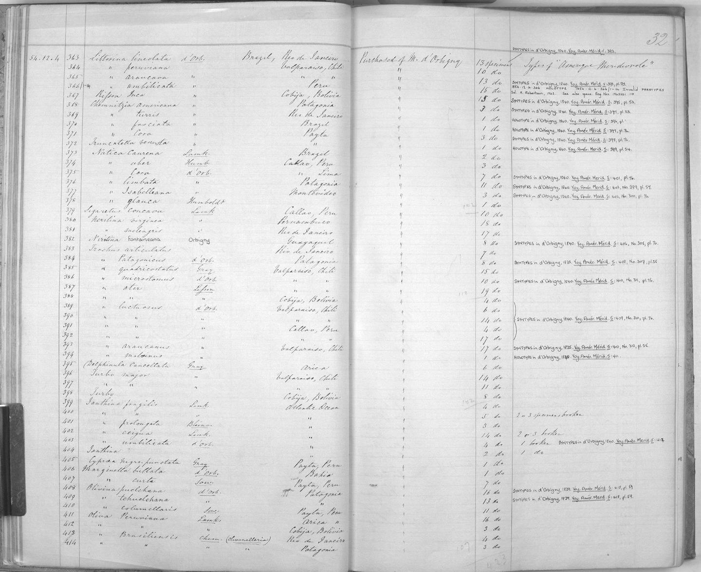 Zoology Accessions Register: Mollusca: 1854 - 1857: page 32